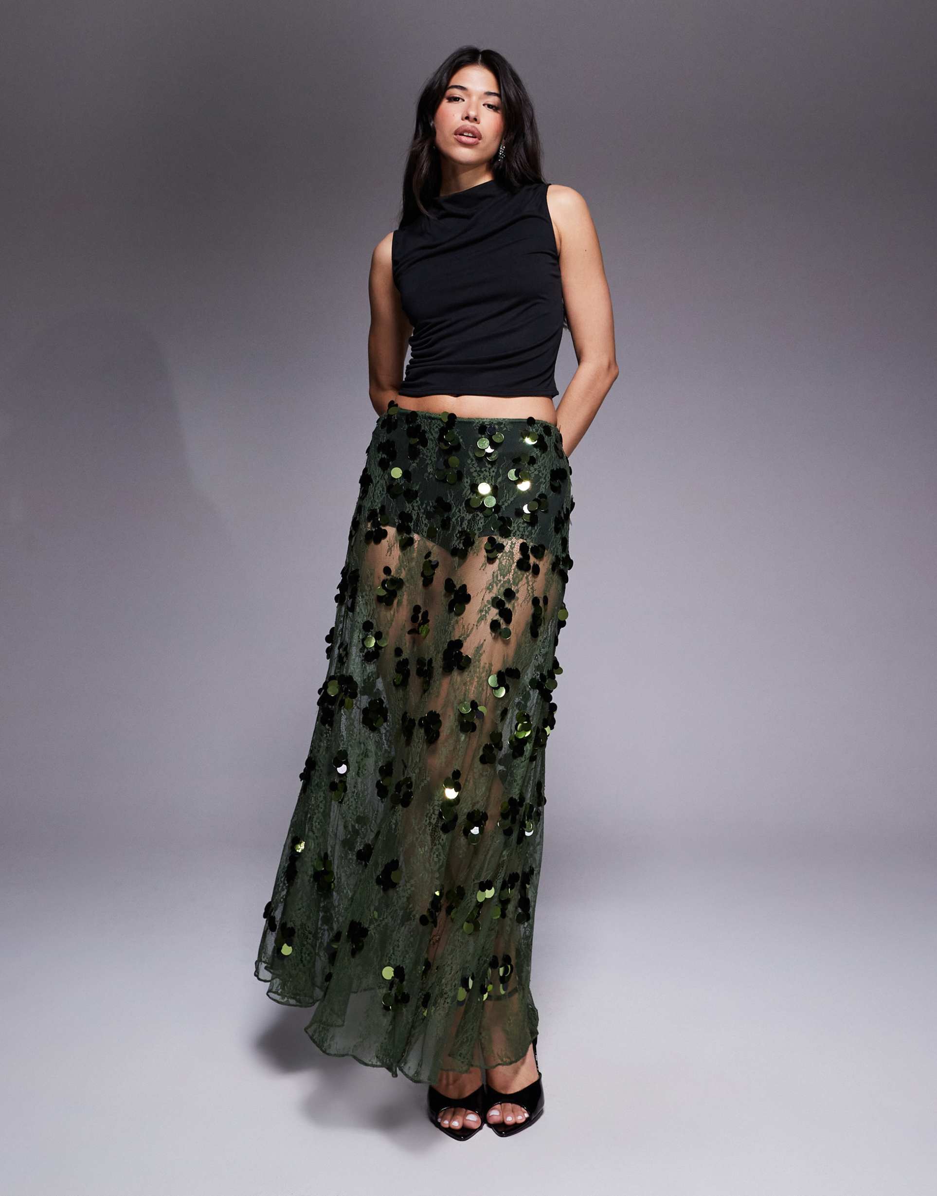 asos design sequin embellished lace godet maxi skirt in olive