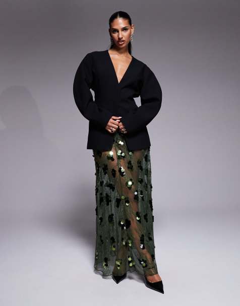 ASOS DESIGN sequin embellished lace godet maxi skirt in olive