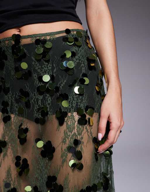 ASOS DESIGN sequin embellished lace godet maxi skirt in olive