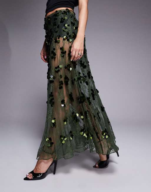 ASOS DESIGN sequin embellished lace godet maxi skirt in olive