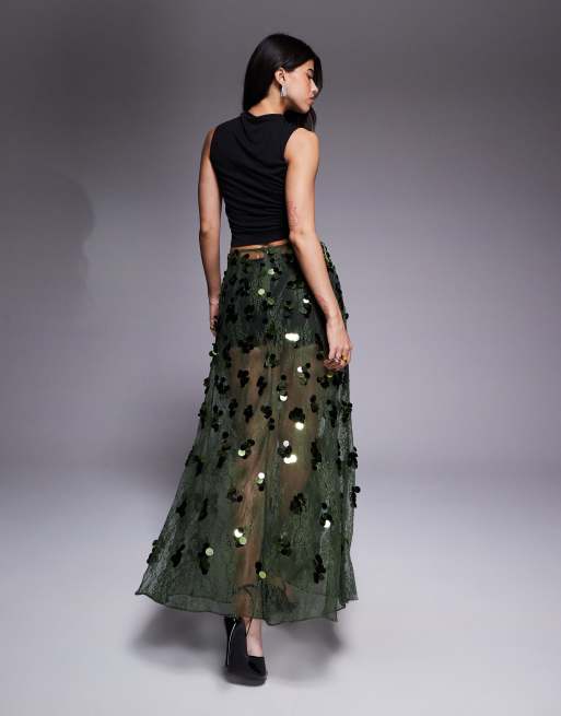 ASOS DESIGN sequin embellished lace godet maxi skirt in olive