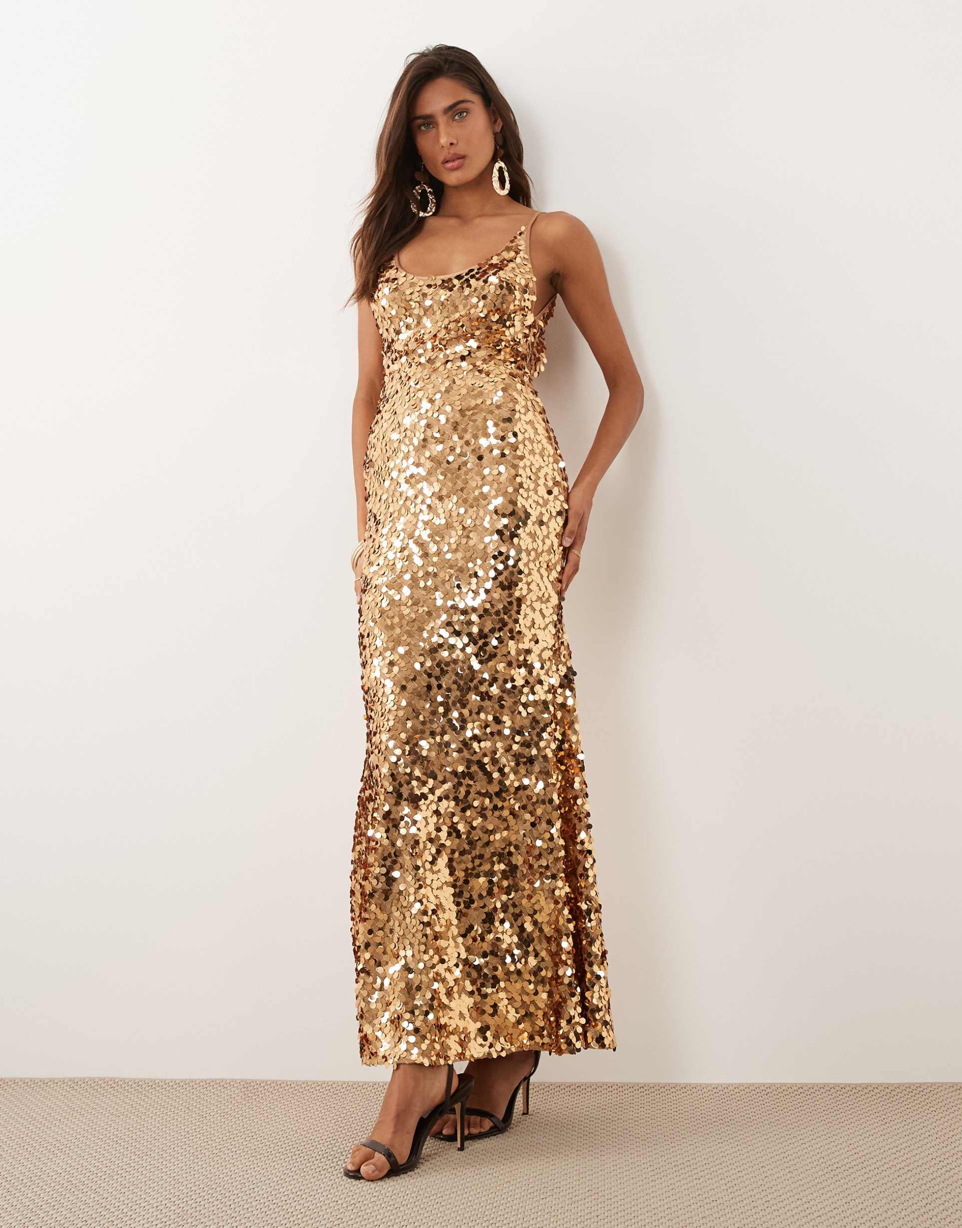 asos design sequin embellished scoop cami maxi dress in gold