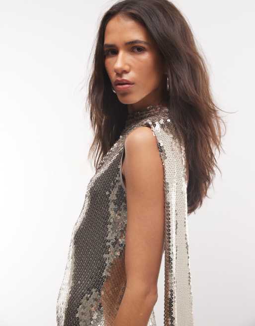 ASOS DESIGN sequin exaggerated one sleeve maxi dress in silver, 2 of 4