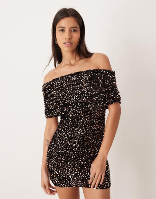 ASOS DESIGN sequin extreme ruched bardot mini dress in brown