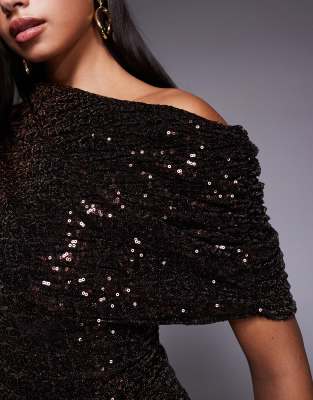 Asos Design Sequin Extreme Ruched Bodice Maxi Dress With Drape In Brown