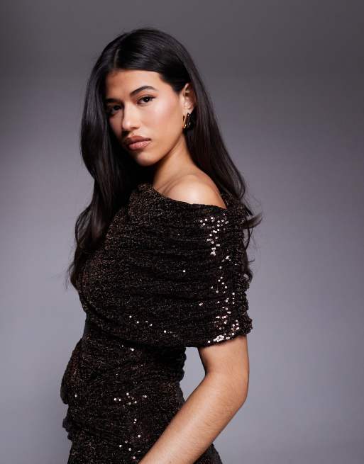 ASOS DESIGN sequin extreme ruched bodice maxi dress with drape in chocolate, 4 of 4