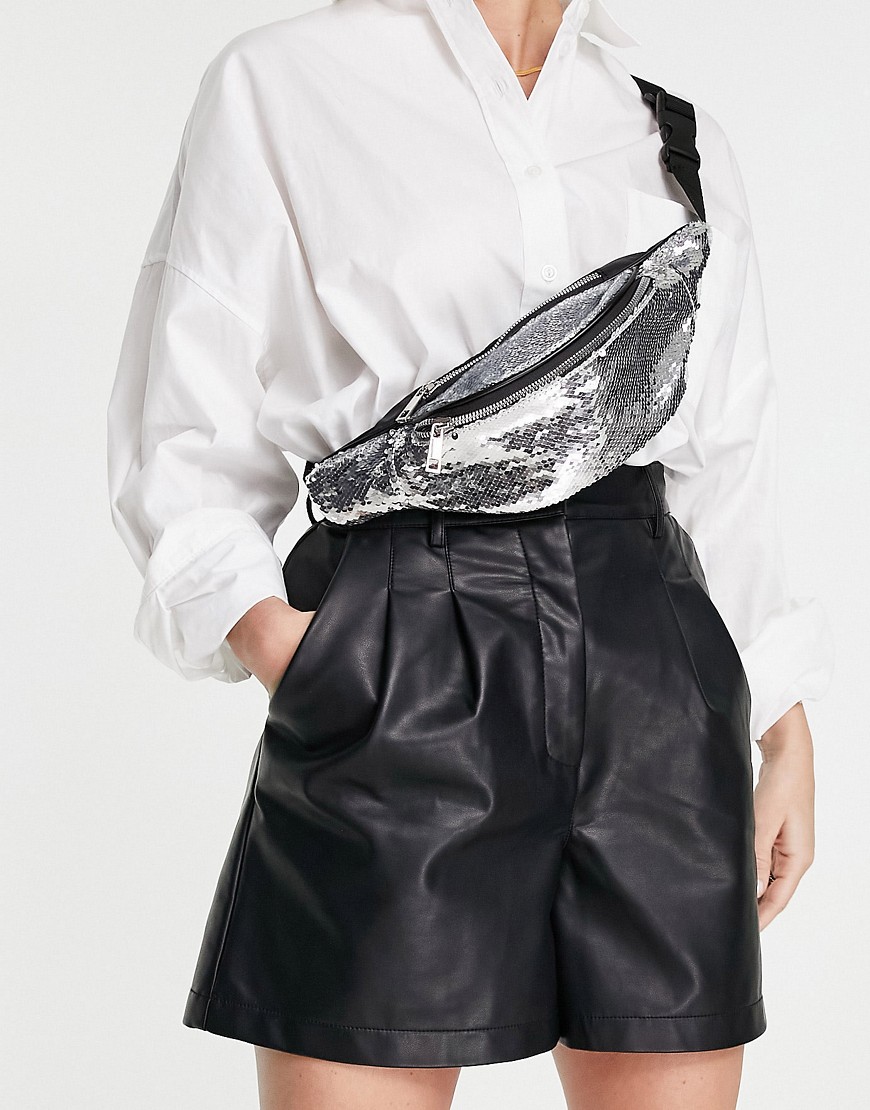 ASOS DESIGN sequin fanny pack in silver