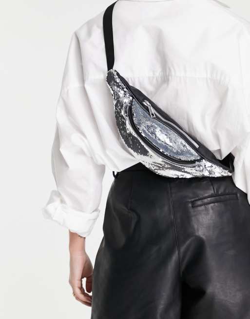 ASOS DESIGN sequin fanny pack in silver , 3 of 4