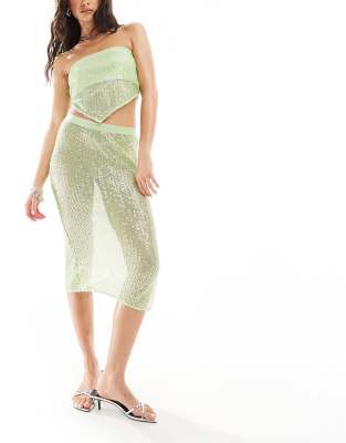 Asos Design Sequin Fishnet Midi Skirt In Lime - Part Of A Set-green