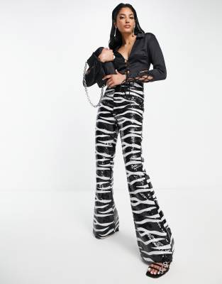 Asos Design Sequin Flare Pants In Zebra-black In Black