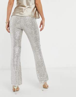 ASOS DESIGN sequin flare trouser in silver | ASOS