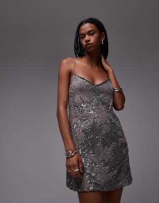 Asos Design Sequin Floral Cami Mini Swing Dress With Floral Embroidery In Gray