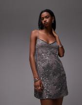 ASOS DESIGN plunge neckline mini dress with black velvet bow in silver sparkle