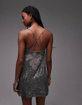 Asos Design Sequin Floral Cami Mini Swing Dress With Floral Embroidery In Gray