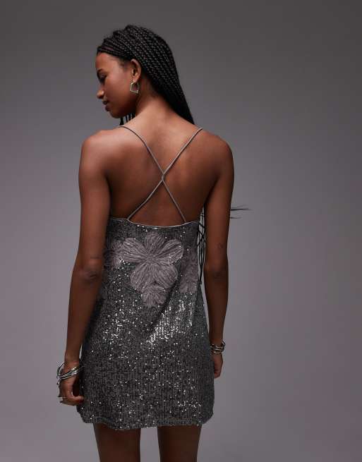 ASOS DESIGN sequin floral cami mini swing dress with floral embroidery in charcoal