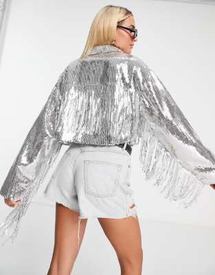 ASOS DESIGN Tall Oversized Sequin Puffer Jacket In Silver, $21, Asos