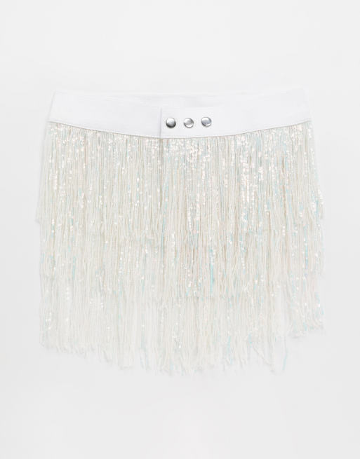 ASOS DESIGN sequin fringe tassel waist and hip belt in glitter white, 3 av 4