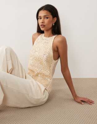 Asos Design Sequin Front Knit Top In Neutral