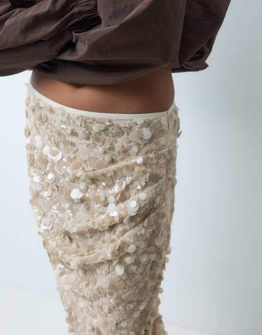 ASOS DESIGN sequin gathered waist maxi skirt with side split in champagne - part of a set, 5 of 5