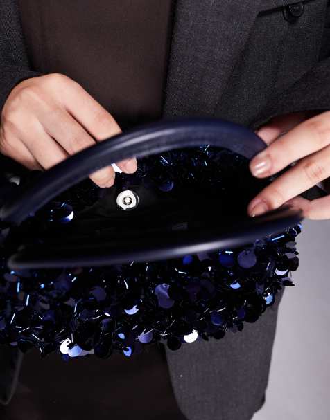 ASOS DESIGN sequin grab clutch bag in navy - view 1