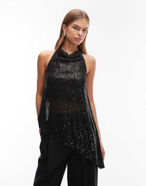 ASOS DESIGN sequin halter longline top in black - view 1