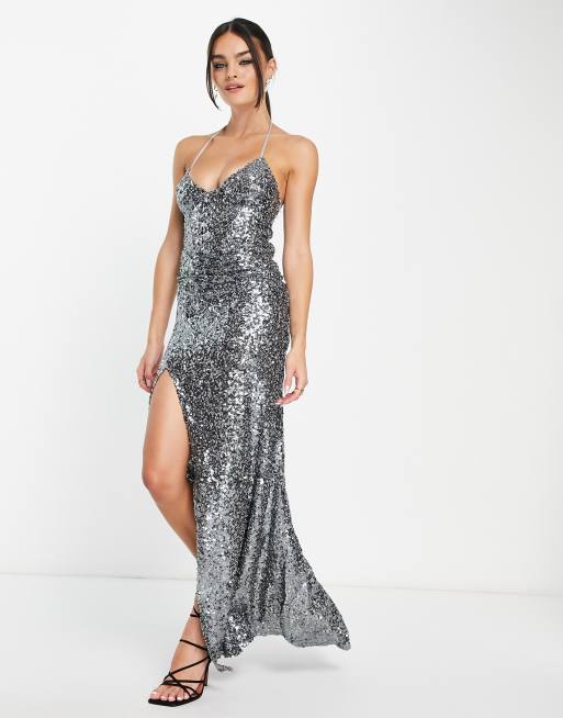 ASOS DESIGN sequin halter maxi dress with high split in silver