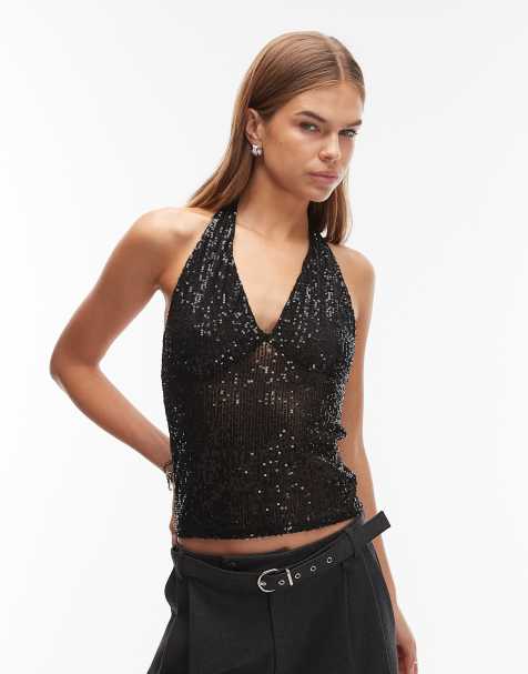 ASOS DESIGN sequin halter top in black - view 1