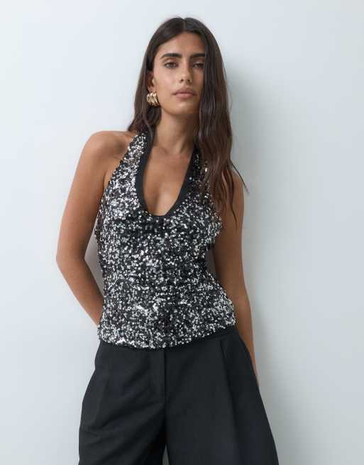 ASOS DESIGN sequin halter with peek a boo mesh in black and silver, 4 of 5