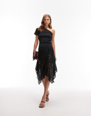 Asos Design Sequin Handkerchief Hem Skirt In Black
