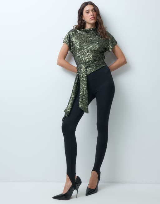ASOS DESIGN sequin high neck draped top in olive, 2 of 5