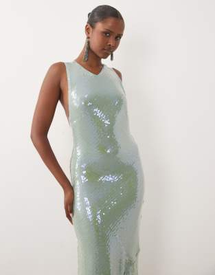 Asos Design Sequin High Neck Maxi Dress With Open Knot Back In Green