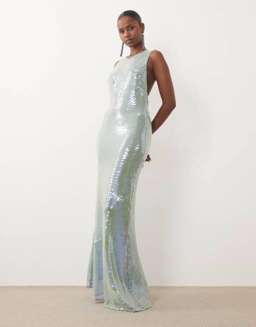 ASOS DESIGN sequin high neck maxi dress with open knot back in sage green, 2 of 4