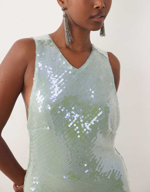 ASOS DESIGN sequin high neck maxi dress with open knot back in sage green, 3 of 4