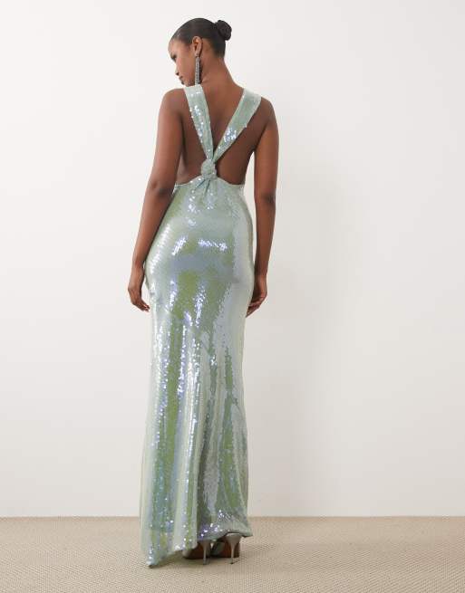 ASOS DESIGN sequin high neck maxi dress with open knot back in sage green, 4 of 4