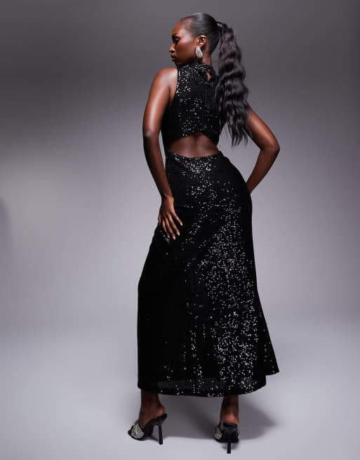 ASOS DESIGN sequin high neck midi dress with twisted cowl skirt detail in black