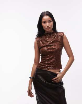 Asos Design Sequin High Neck Top With Shoulder Pad In Brown