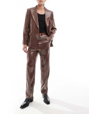 sequin high waist straight leg suit pants in brown