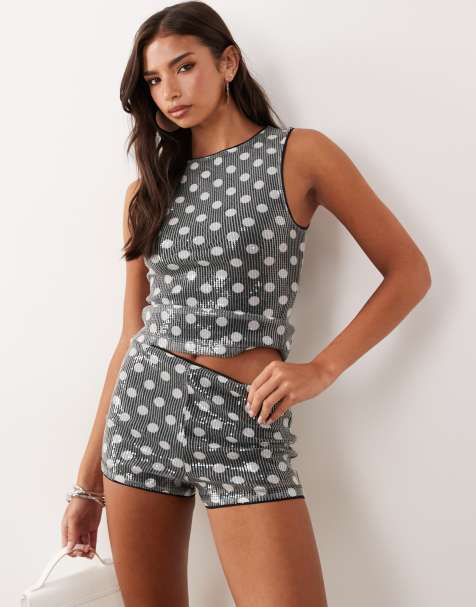 ASOS DESIGN sequin hot pant shorts in black and white spot print - part of a set - view 1