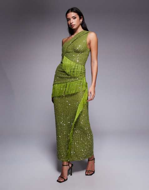ASOS DESIGN sequin knit twist one shoulder midi dress with drape fringe panels in green - view 1