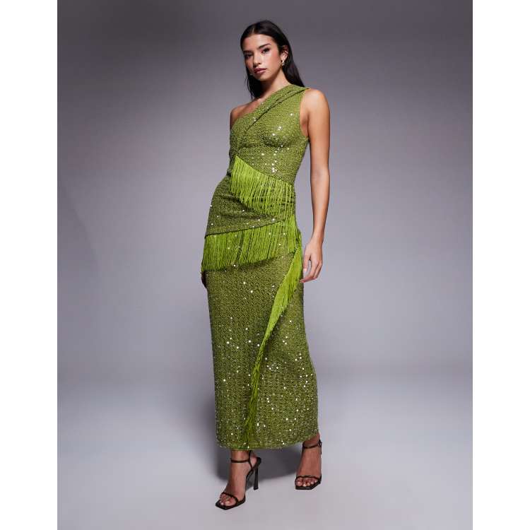 ASOS DESIGN sequin knit twist one shoulder midi dress with drape fringe  panels in green | ASOS