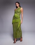 [ASOS DESIGN] ASOS DESIGN sequin knit twist one shoulder midi dress with drape fringe panels in green 12 Green