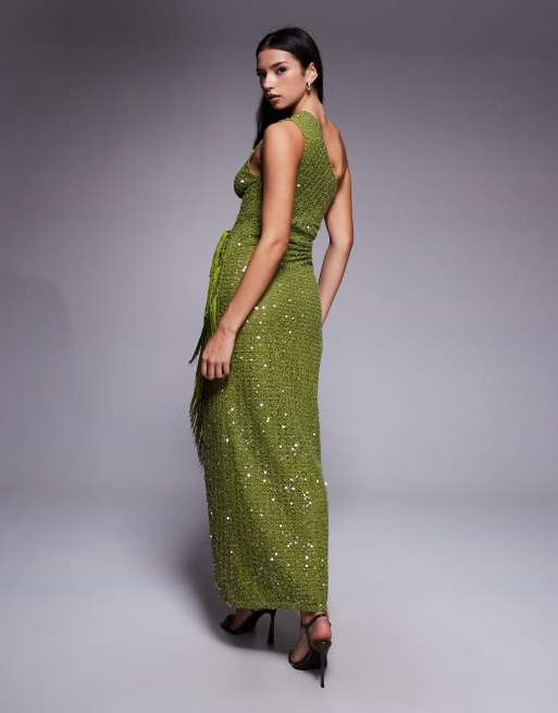 ASOS DESIGN sequin knit twist one shoulder midi dress with drape fringe panels in green