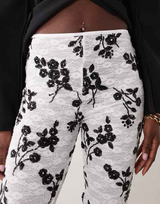 ASOS DESIGN sequin lace capri trouser in black and white floral, 3 of 5