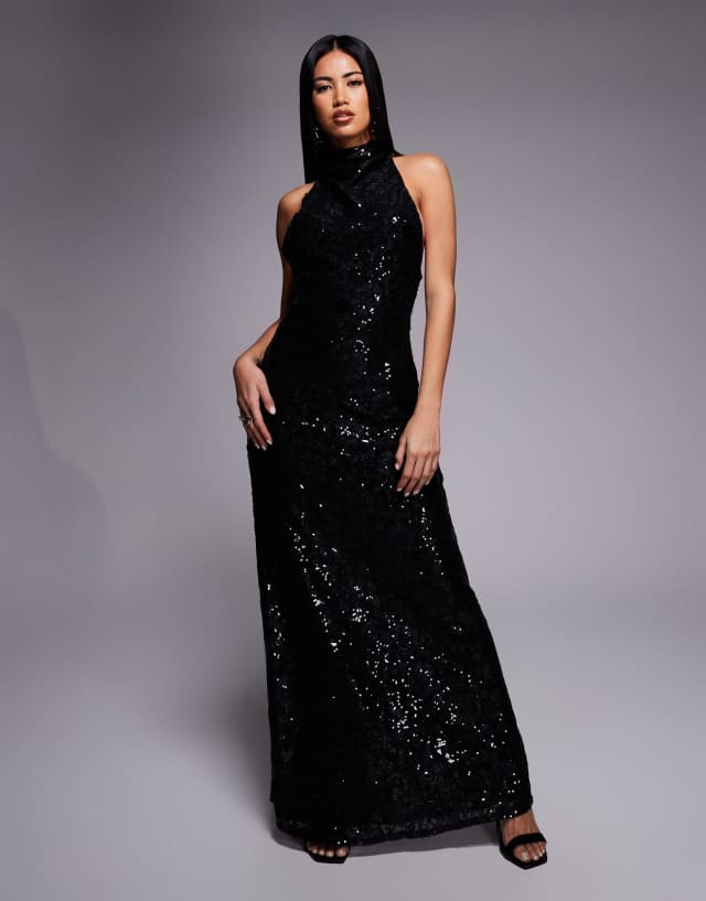 ASOS DESIGN sequin lace draped halterneck maxi dress with open back in black