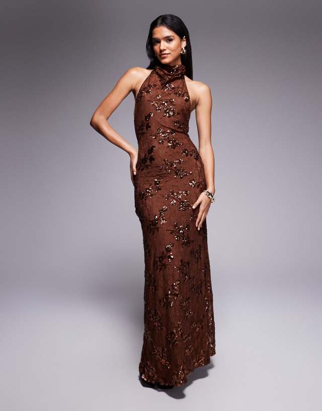 asos brown sequin dress DESIGN lace draped halterneck maxi with open back in Navy Blue Lace Modest Navy Blue & White The eye Size:M | Camel Mélange