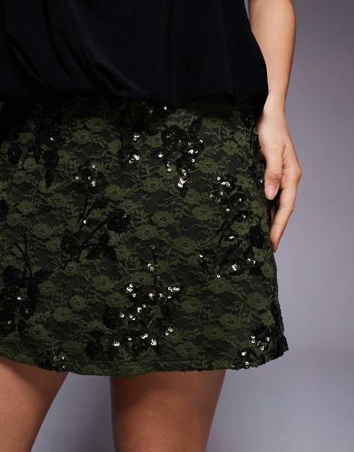 ASOS DESIGN sequin lace halter mini dress draped bodice in green, 3 of 4