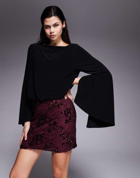 ASOS DESIGN sequin lace hybrid angel sleeve mini dress in chocolate - view 1