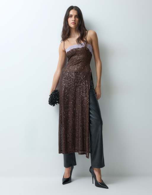 ASOS DESIGN sequin lace long cami top in brown and lilac, 2 of 5