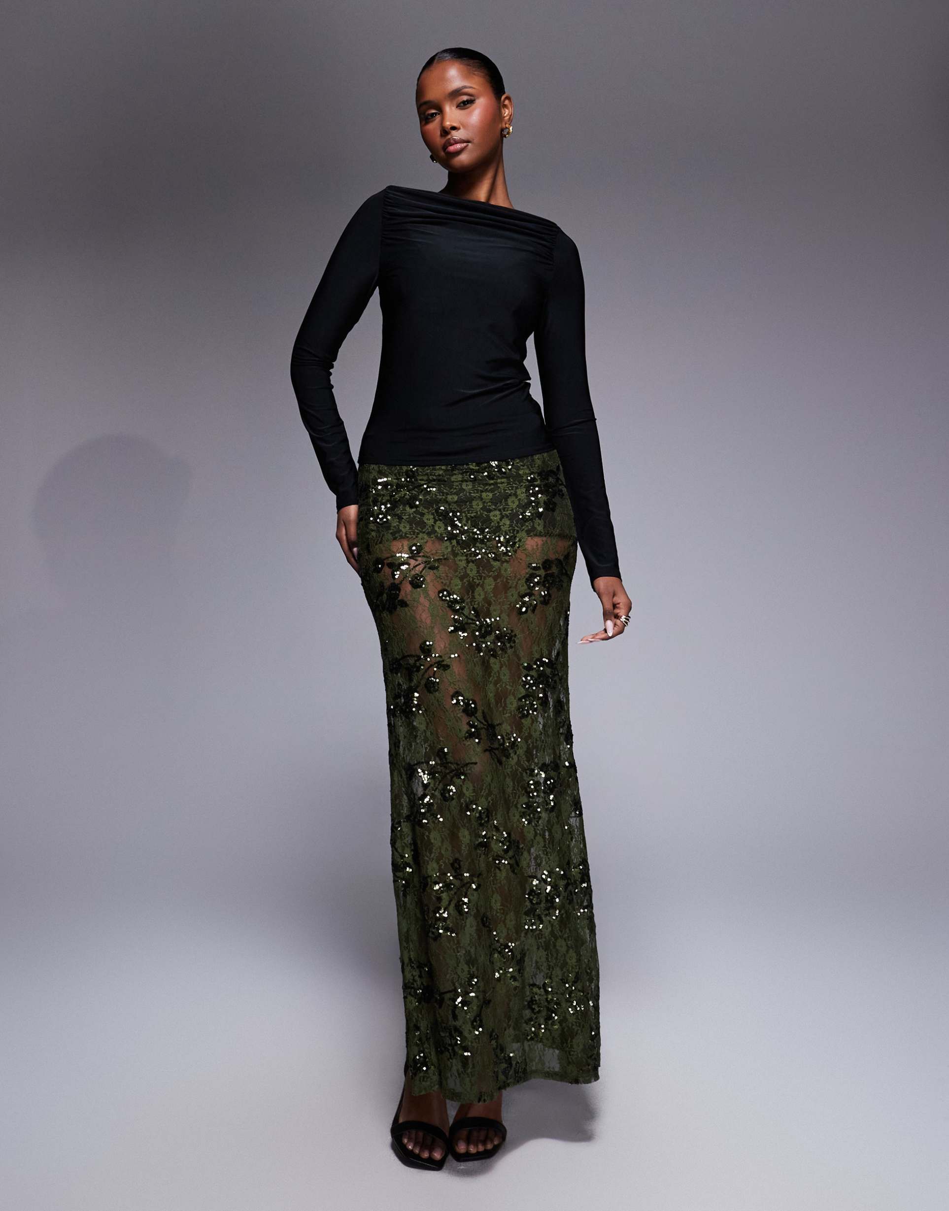 asos design sequin lace sheer maxi skirt in green