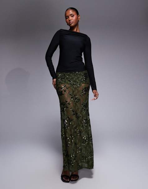 ASOS DESIGN sequin lace sheer maxi skirt in green